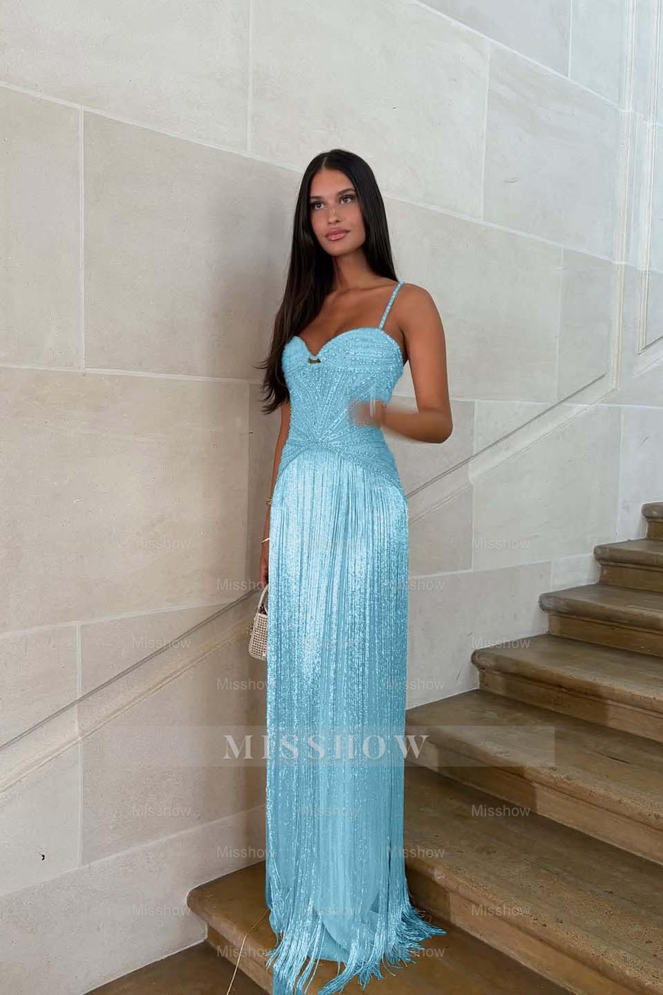 Spaghetti straps Sleeveless Long Formal Dress With Beading Tassel