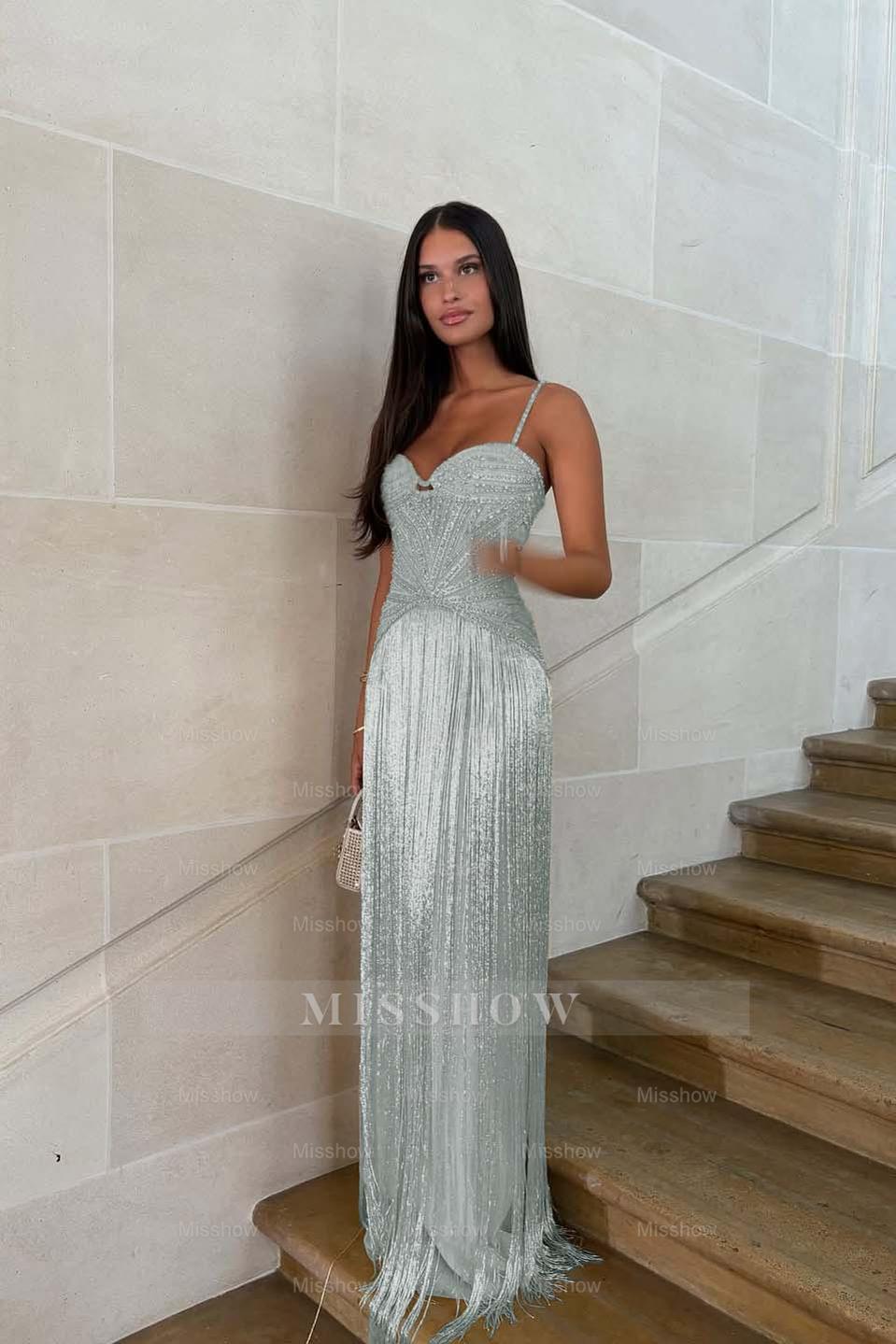 Spaghetti straps Sleeveless Long Formal Dress With Beading Tassel