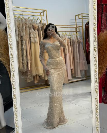 Sparkling Champagne Sweetheart Long-Sleeve Mermaid Formal Dress with Sequins
