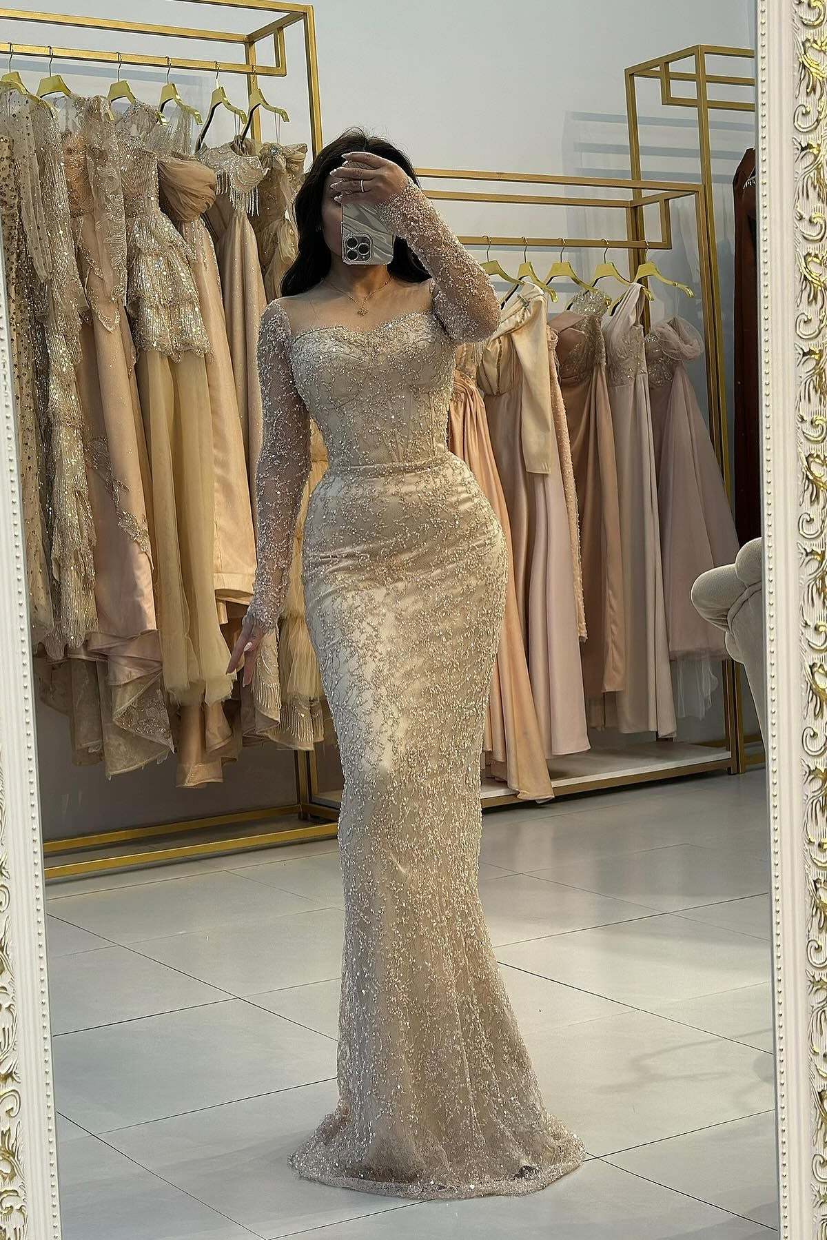 Sparkling Champagne Sweetheart Long-Sleeve Mermaid Formal Dress with Sequins