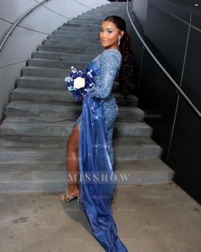 Sparkling Long Blue One Shoulder Long-Sleeve Mermaid Prom Dress with Sequins and Slit