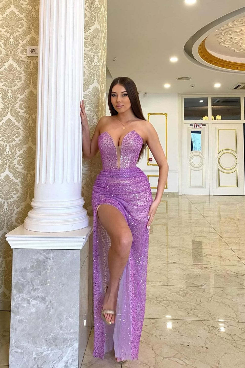 Sparkling Long Lilac Mermaid V-Neck Sleeveless Evening Dress with Slit and Sequins