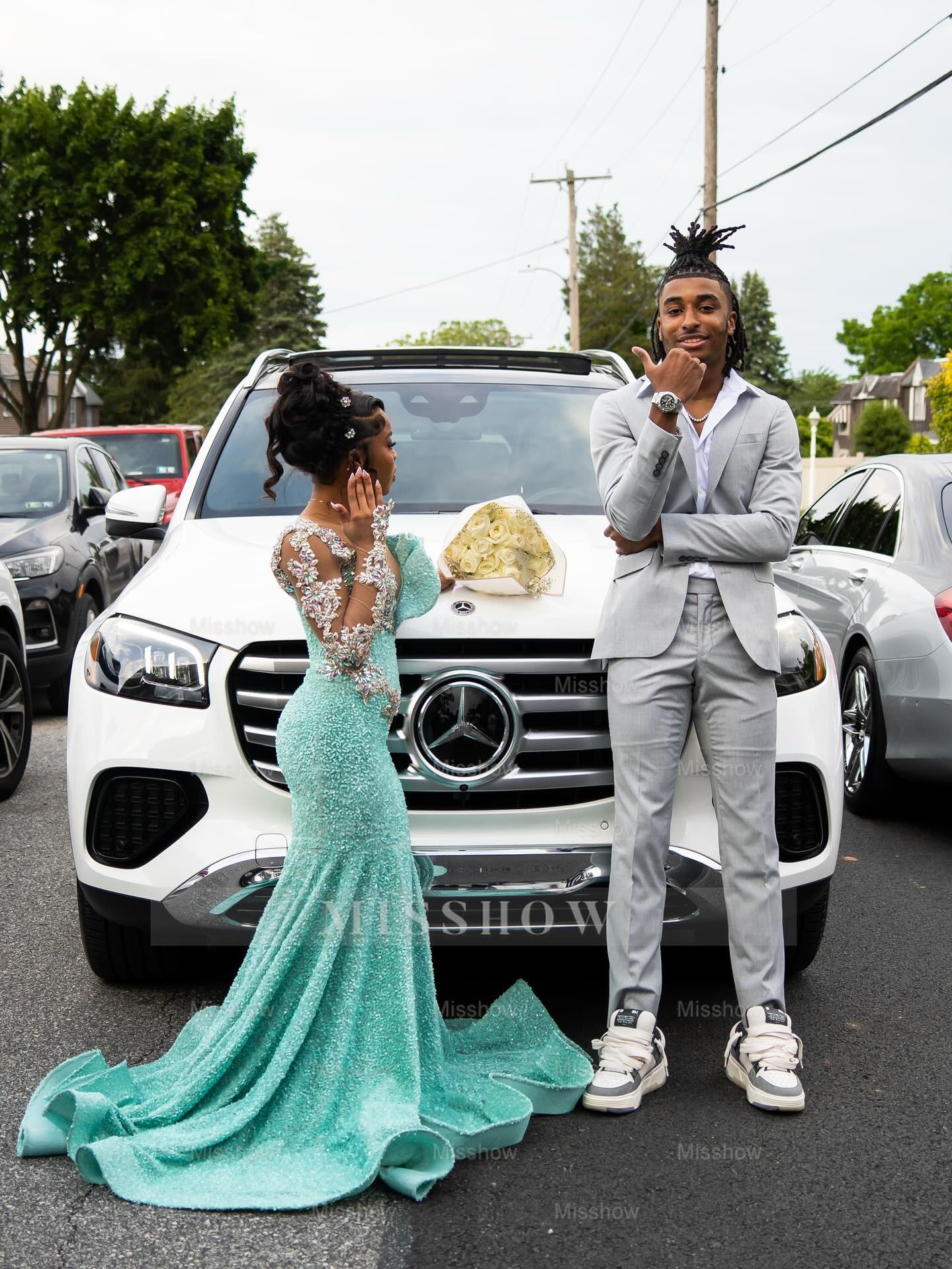 Sparkling Long Mint Green One Shoulder Long-Sleeve Mermaid Prom with Rhinestones and Beadings