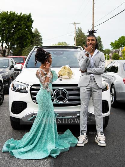 Sparkling Long Mint Green One Shoulder Long-Sleeve Mermaid Prom with Rhinestones and Beadings