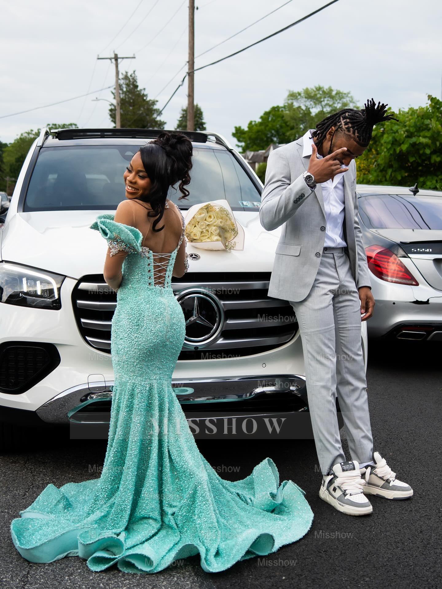 Sparkling Long Mint Green One Shoulder Long-Sleeve Mermaid Prom with Rhinestones and Beadings