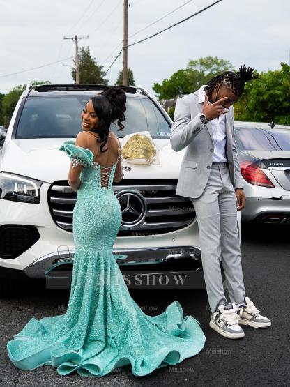 Sparkling Long Mint Green One Shoulder Long-Sleeve Mermaid Prom with Rhinestones and Beadings