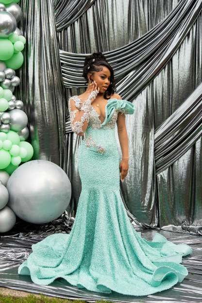 Sparkling Long Mint Green One Shoulder Long-Sleeve Mermaid Prom with Rhinestones and Beadings