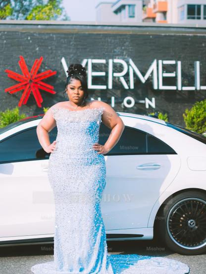 Sparkling Sky Blue Strapless Sleeveless Mermaid Prom Dress with Rhinestones