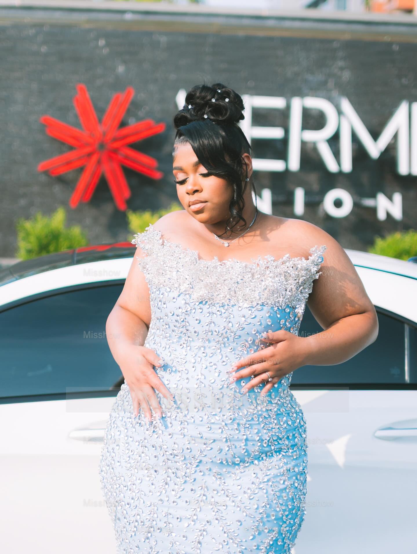 Sparkling Sky Blue Strapless Sleeveless Mermaid Prom Dress with Rhinestones