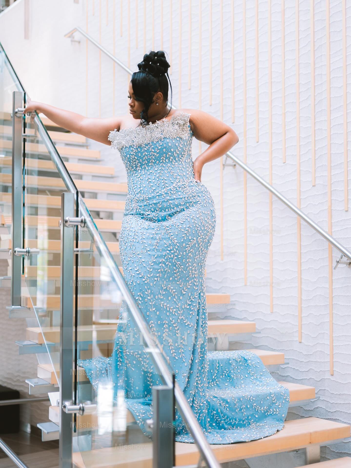 Sparkling Sky Blue Strapless Sleeveless Mermaid Prom Dress with Rhinestones