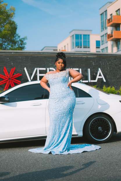 Sparkling Sky Blue Strapless Sleeveless Mermaid Prom Dress with Rhinestones