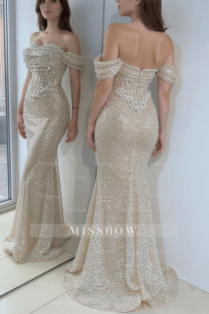 Sparkly Champagne Mermaid Sweetheart Beaded Off-The-Shoulder Long Prom Evening Dresses With Pearls