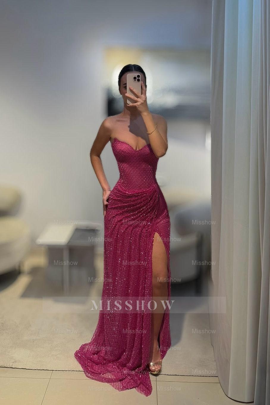 Sparkly Fuchsia Sweetheart Beaded Strapless Formal Dress with Slit