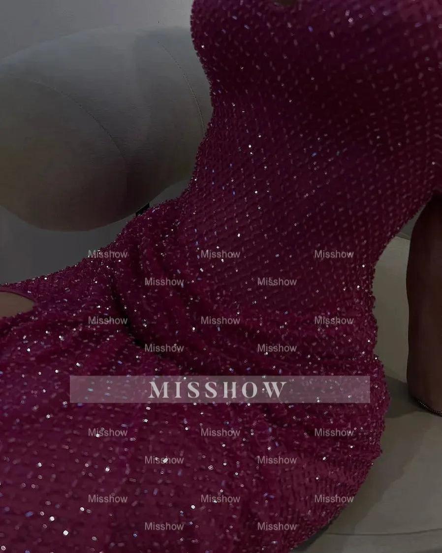 Sparkly Fuchsia Sweetheart Beaded Strapless Formal Dress with Slit