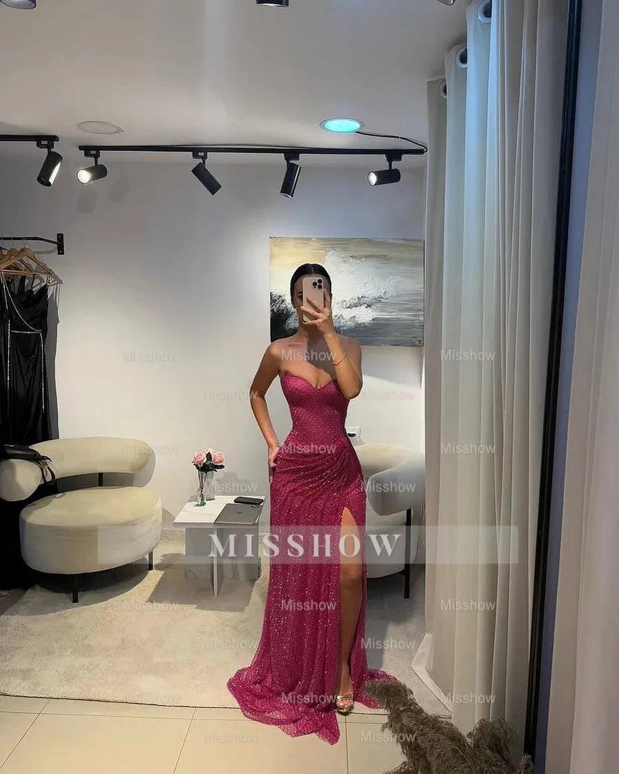 Sparkly Fuchsia Sweetheart Beaded Strapless Formal Dress with Slit