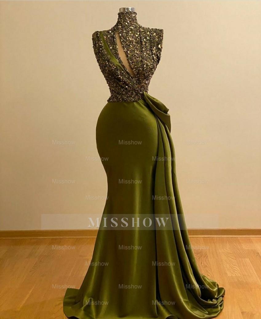 Sparkly Green Sequins High Neck Sleeveless Mermaid Prom Evening Dresses