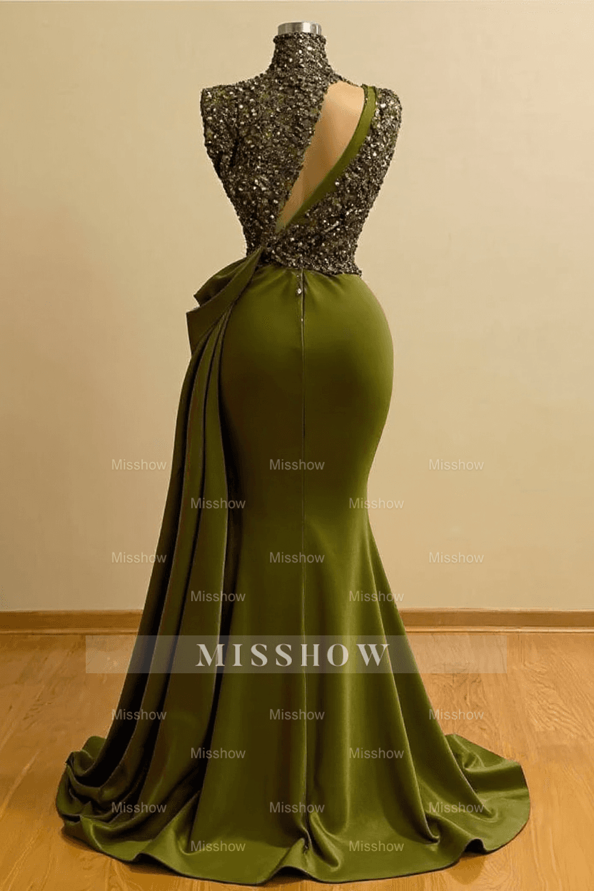 Sparkly Green Sequins High Neck Sleeveless Mermaid Prom Evening Dresses