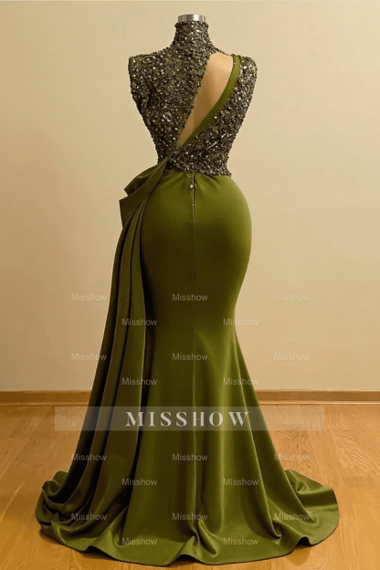 Sparkly Green Sequins High Neck Sleeveless Mermaid Prom Evening Dresses