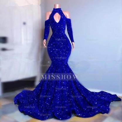 Sparkly Long Sleeves Mermaid Floor-Length Prom Evening Dresses
