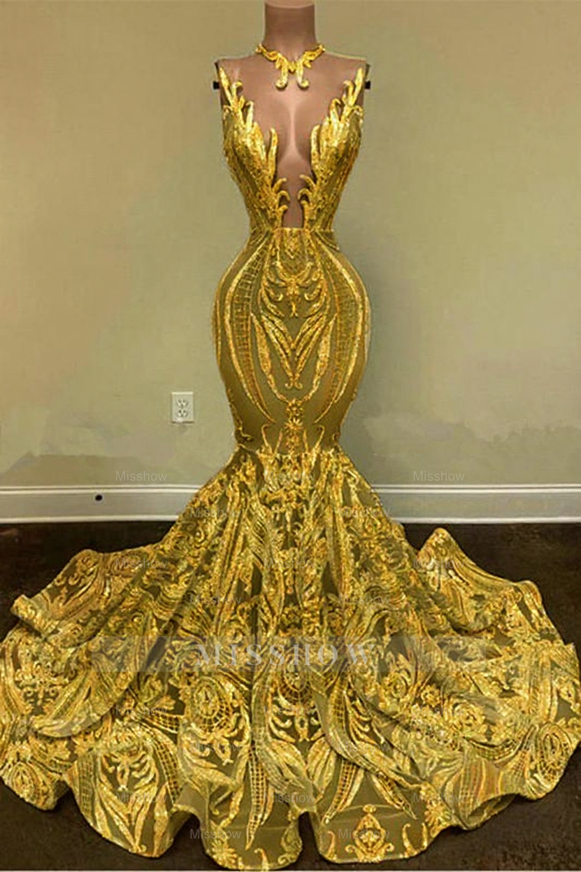 Sparkly Mermaid Glitter Floral Lace Floor-Length Prom Evening Dresses