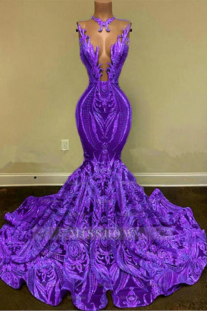 Sparkly Mermaid Glitter Floral Lace Floor-Length Prom Evening Dresses