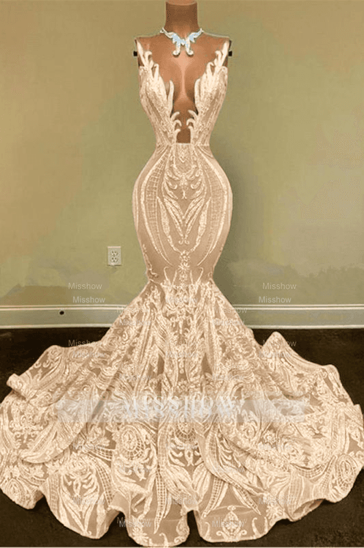 Sparkly Mermaid Glitter Floral Lace Floor-Length Prom Evening Dresses