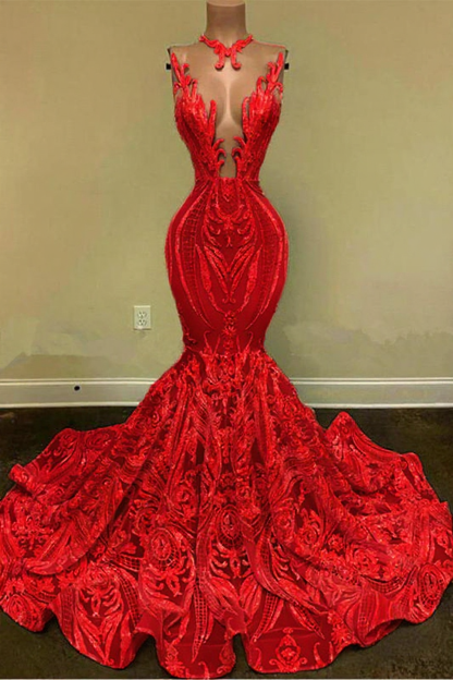 Sparkly Mermaid Glitter Floral Lace Floor-Length Prom Evening Dresses