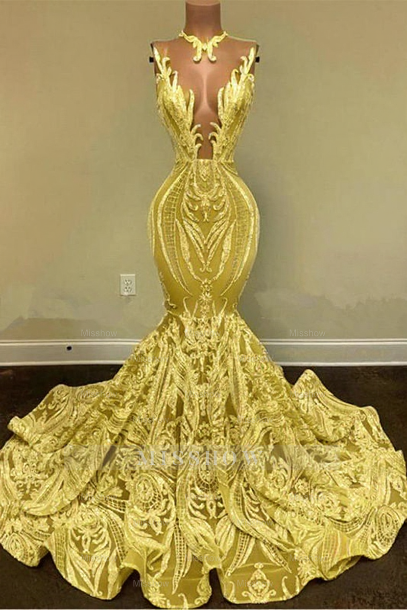 Sparkly Mermaid Glitter Floral Lace Floor-Length Prom Evening Dresses