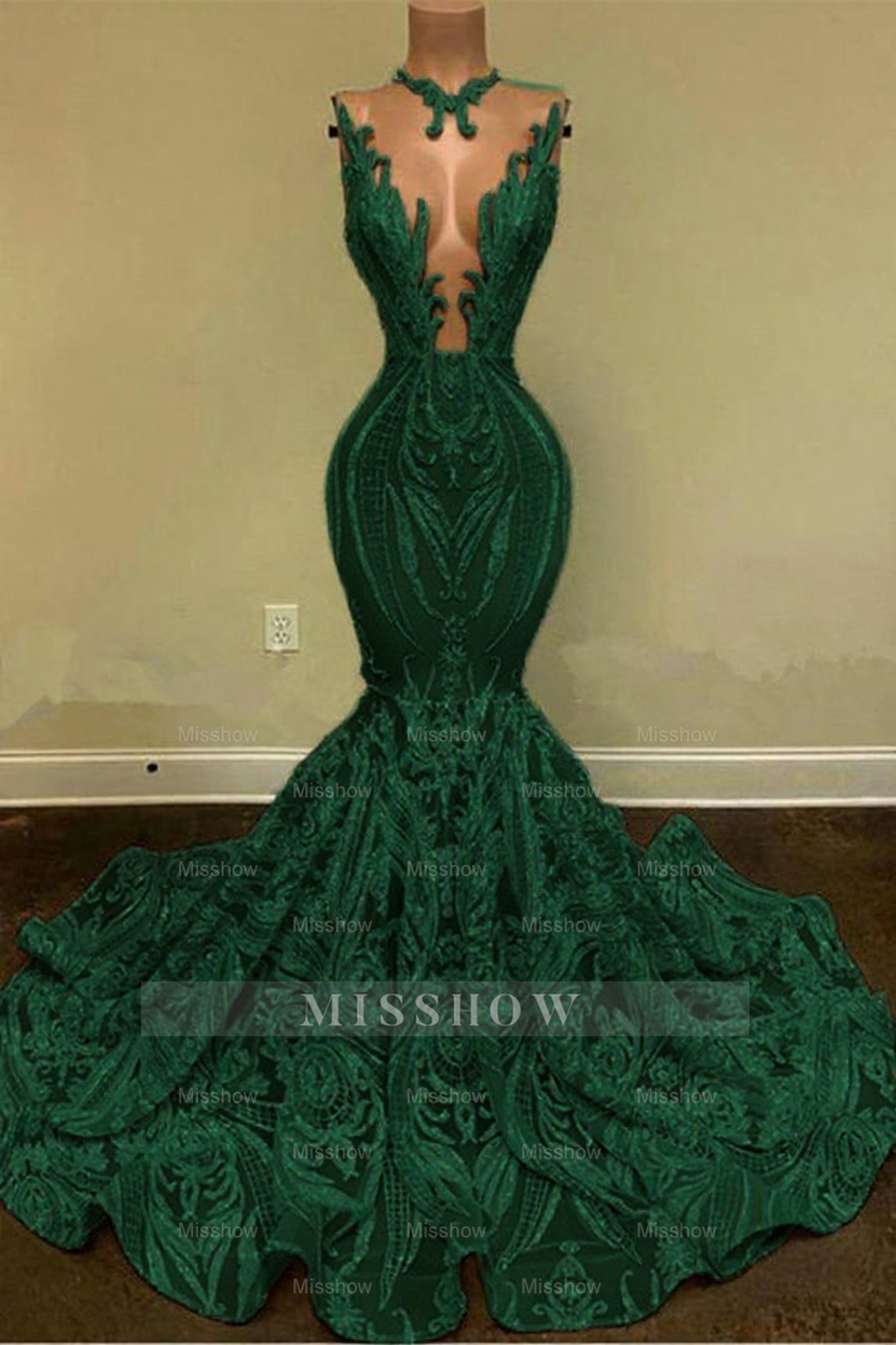 Sparkly Mermaid Glitter Floral Lace Floor-Length Prom Evening Dresses