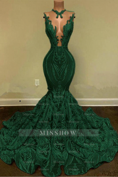 Sparkly Mermaid Glitter Floral Lace Floor-Length Prom Evening Dresses