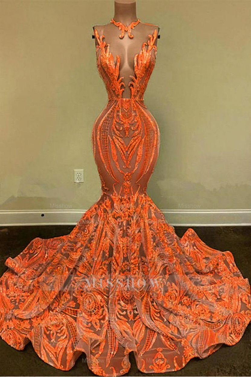 Sparkly Mermaid Glitter Floral Lace Floor-Length Prom Evening Dresses