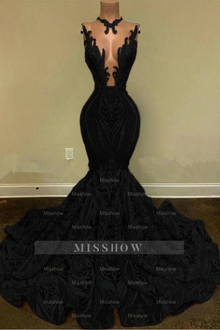 Sparkly Mermaid Glitter Floral Lace Floor-Length Prom Evening Dresses