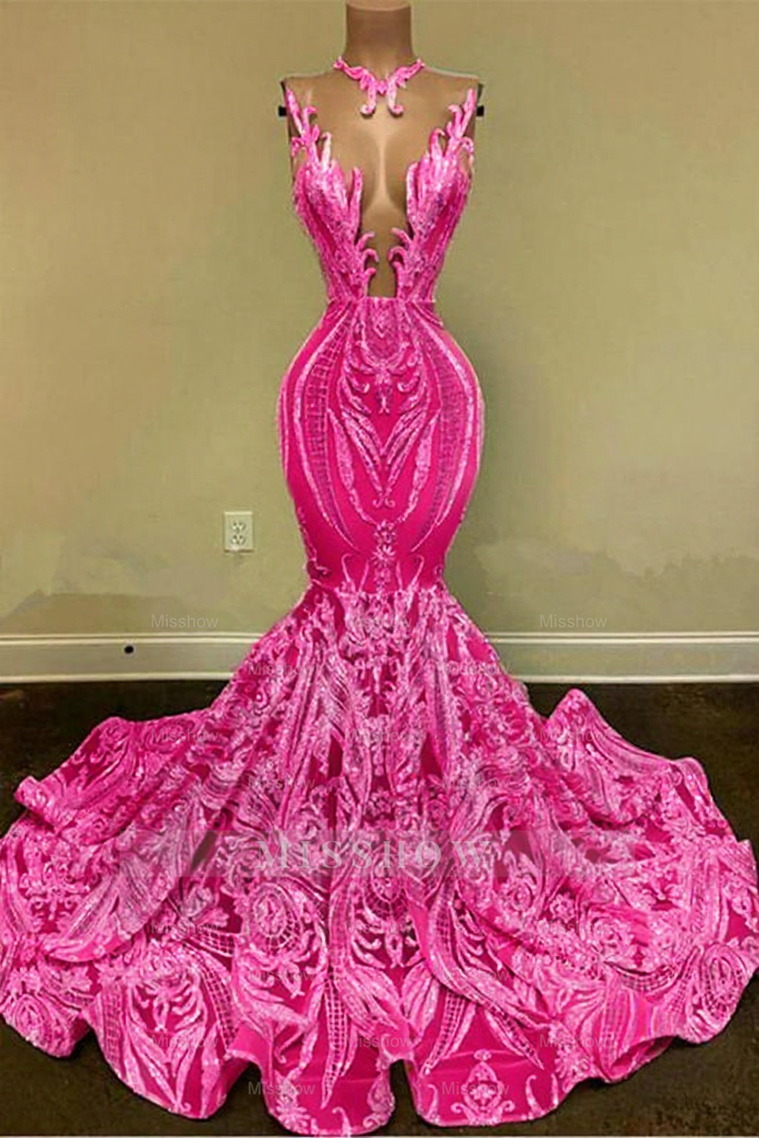 Sparkly Mermaid Glitter Floral Lace Floor-Length Prom Evening Dresses