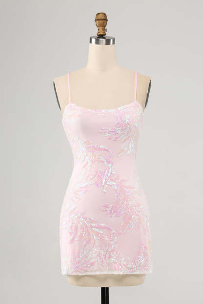Sparkly Pink Spaghetti Straps Sequins Bodycon Cocktail Dress