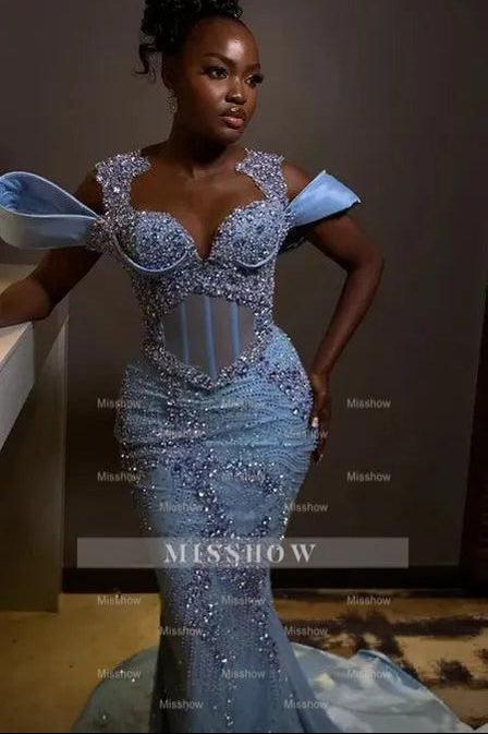 Sparkly Rhinestones Blue Sleeveless Mermaid Long Prom Dress