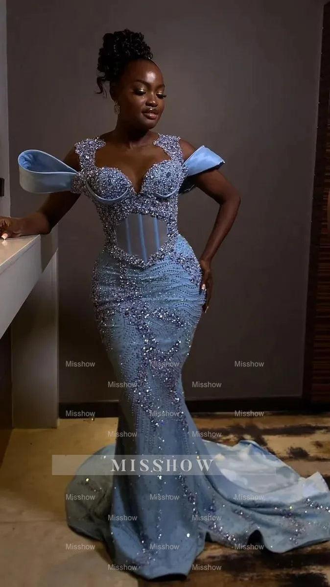 Sparkly Rhinestones Blue Sleeveless Mermaid Long Prom Dress