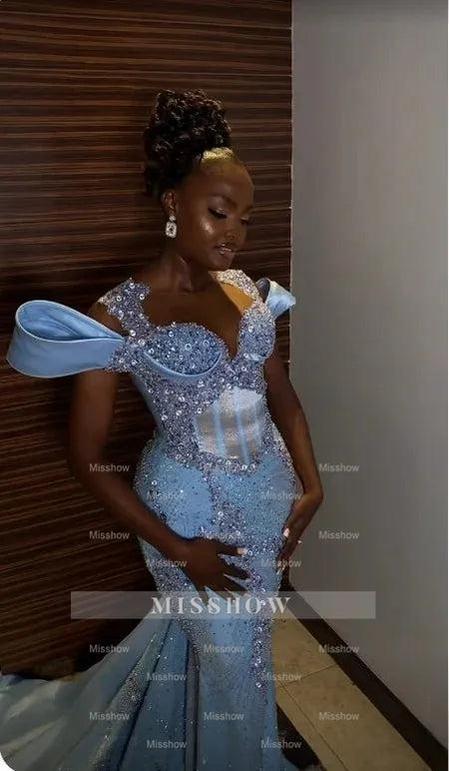 Sparkly Rhinestones Blue Sleeveless Mermaid Long Prom Dress