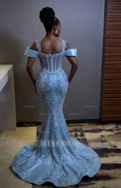 Sparkly Rhinestones Blue Sleeveless Mermaid Long Prom Dress