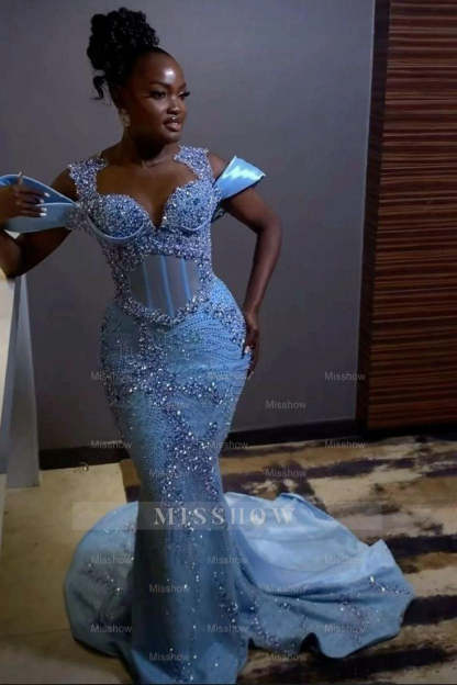 Sparkly Rhinestones Blue Sleeveless Mermaid Long Prom Dress
