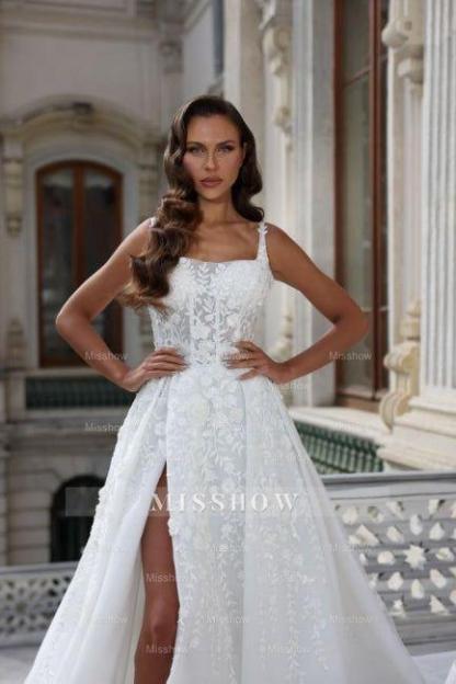 Square Neck High Split A-Line Stain Sleeveless Wedding Dress with Appliques