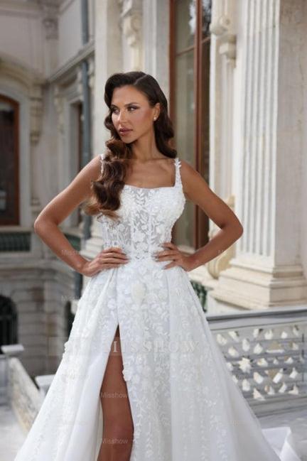 Square Neck High Split A-Line Stain Sleeveless Wedding Dress with Appliques