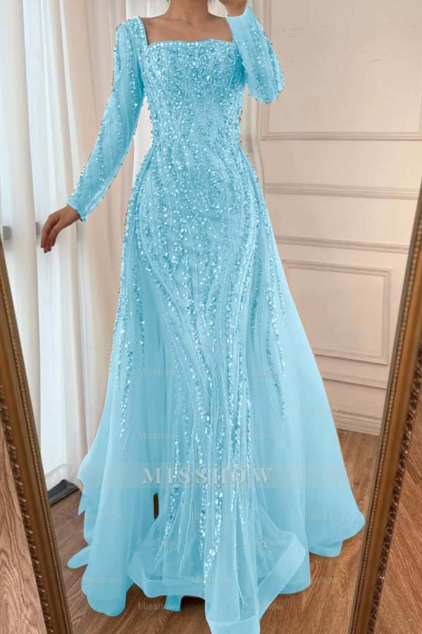 Square Neck Long Sleeves Long Mermaid Formal Dress With Beading Tulle