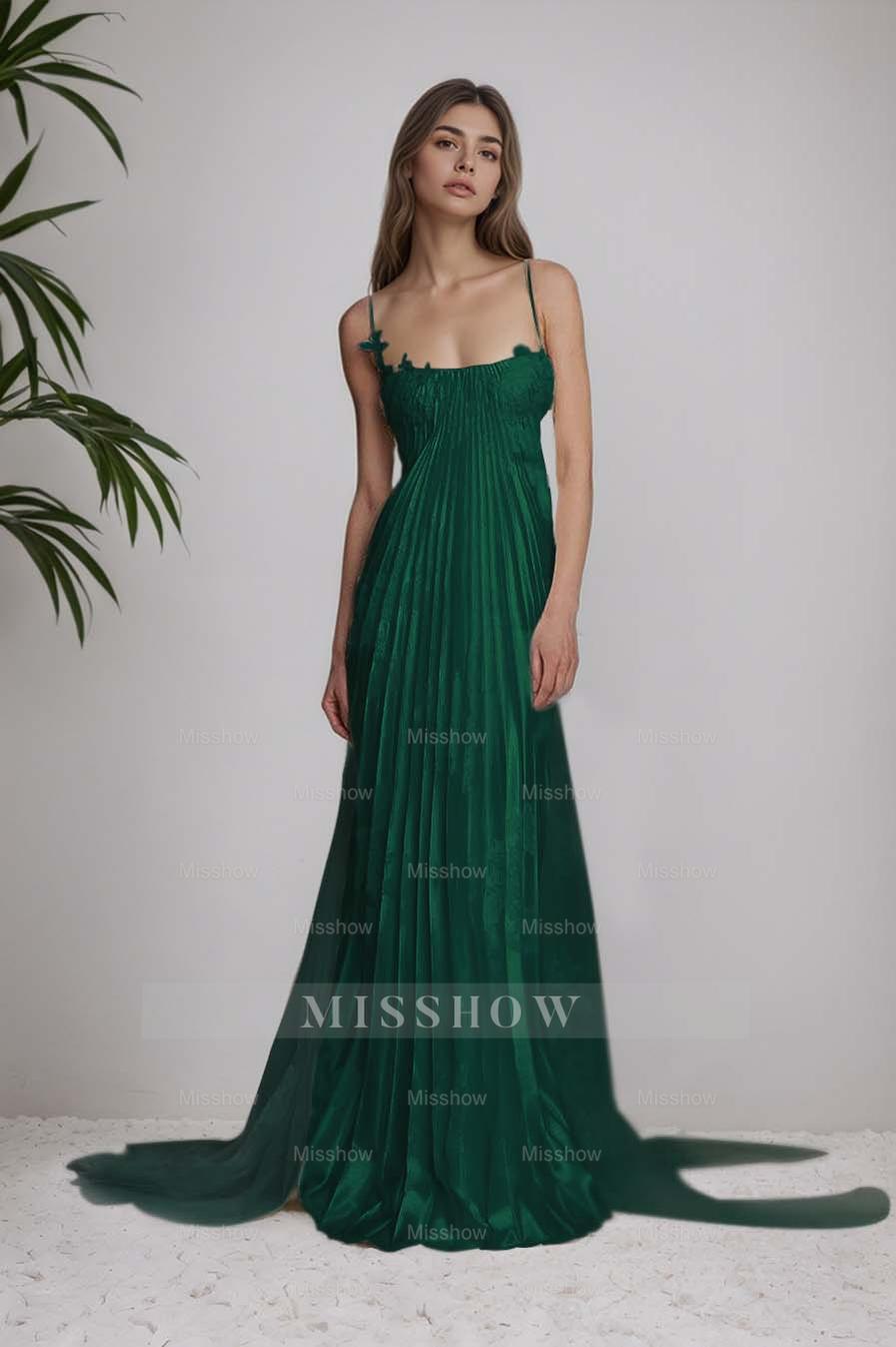 Stain Spaghetti Strap Sleeveless Long Formal Dress With Appliques