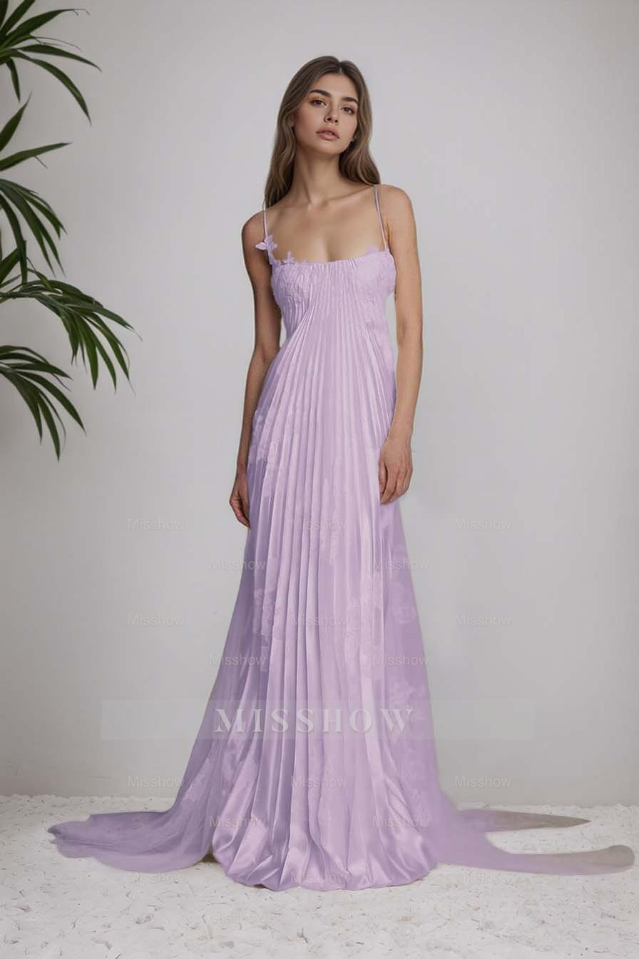 Stain Spaghetti Strap Sleeveless Long Formal Dress With Appliques
