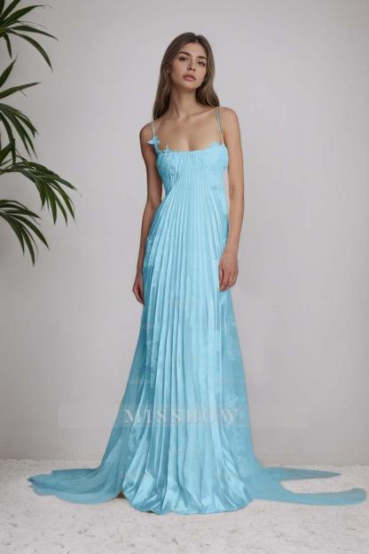 Stain Spaghetti Strap Sleeveless Long Formal Dress With Appliques