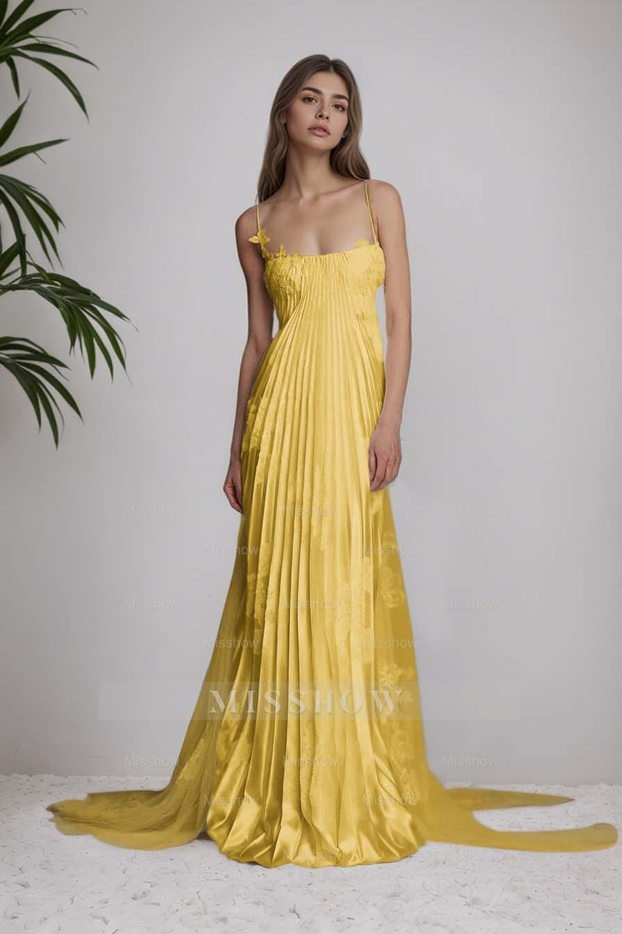 Stain Spaghetti Strap Sleeveless Long Formal Dress With Appliques