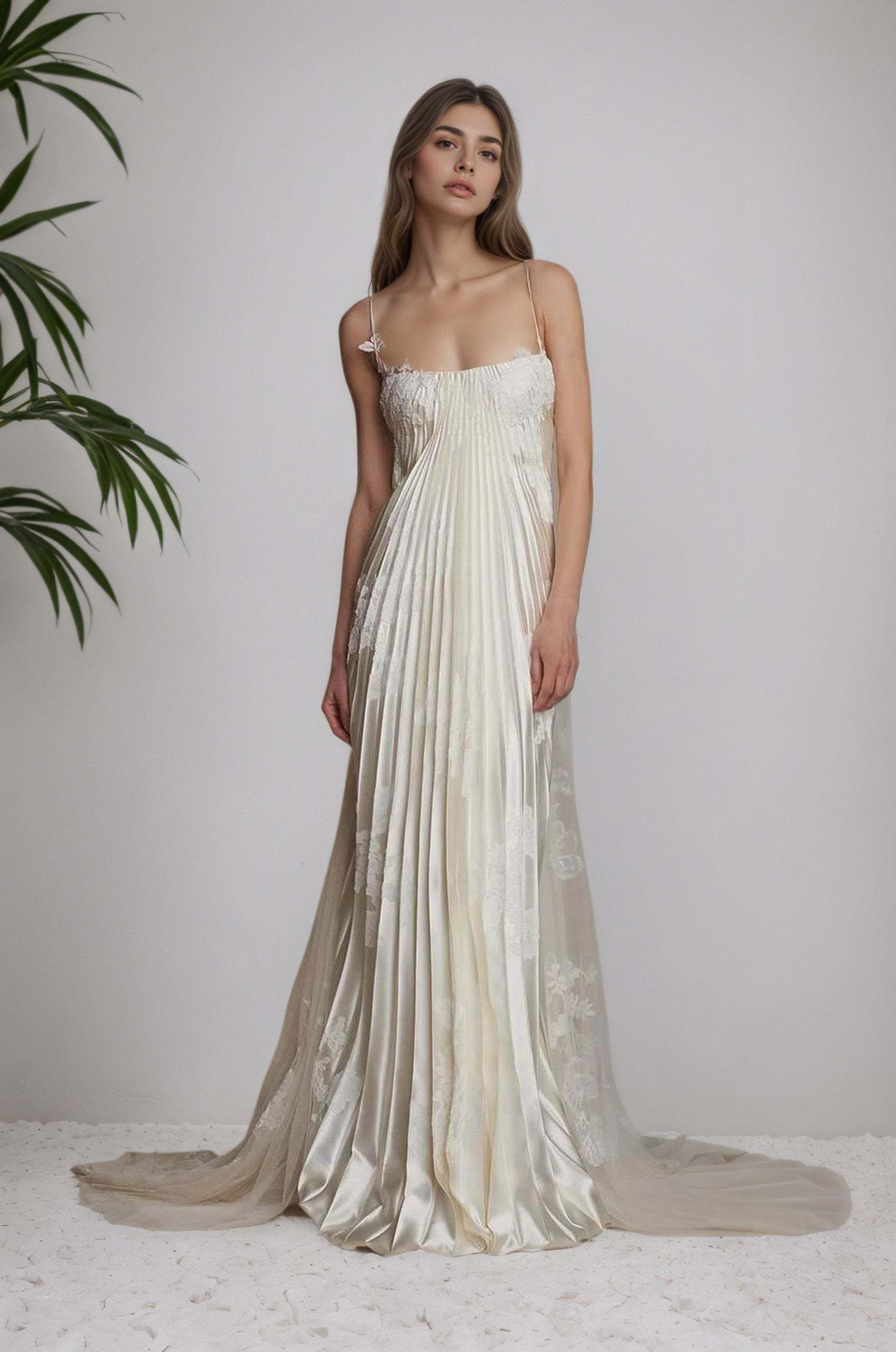 Stain Spaghetti Strap Sleeveless Long Formal Dress With Appliques