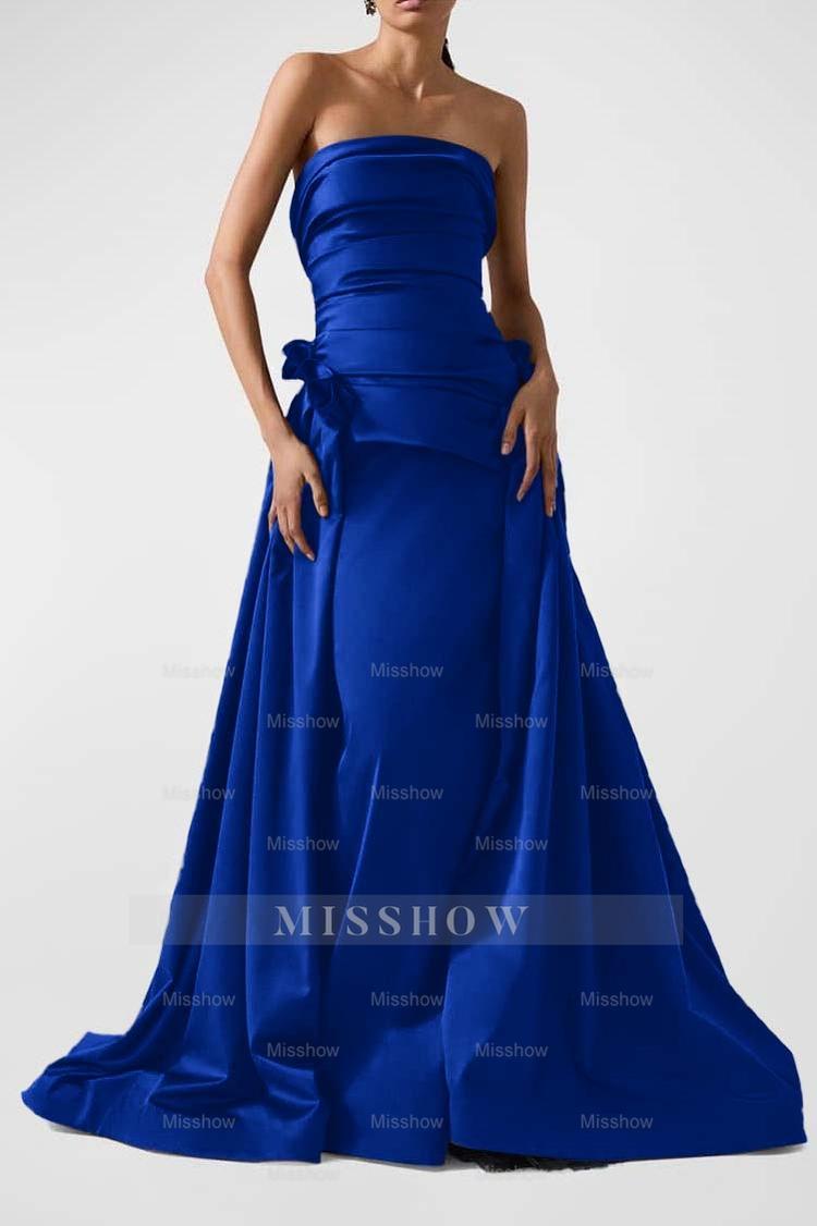 Strapless Backless Sleeveless Long A Line Formal Dress With Pleated