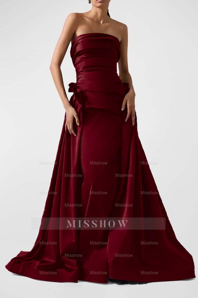 Strapless Backless Sleeveless Long A Line Formal Dress With Pleated