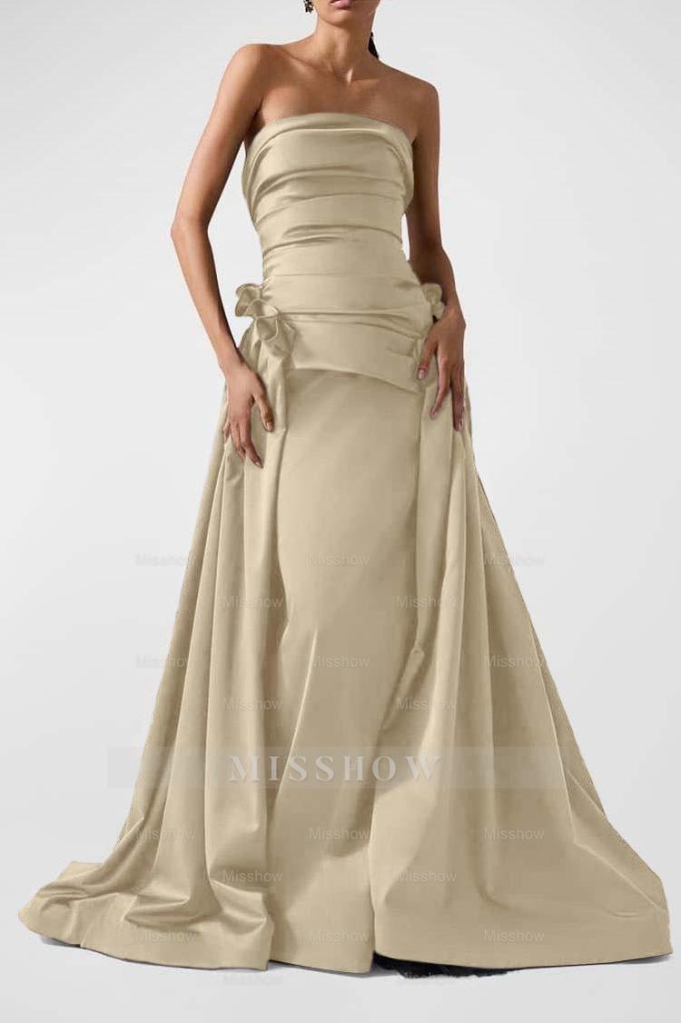 Strapless Backless Sleeveless Long A Line Formal Dress With Pleated